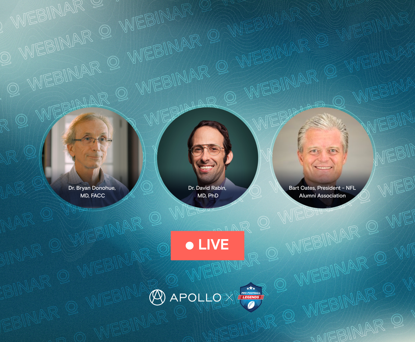 Image of three hosts of the upcoming NFLAA webinar, including Bart Oates, Dr. Dave Rabin, and Dr. Bryan Donohue