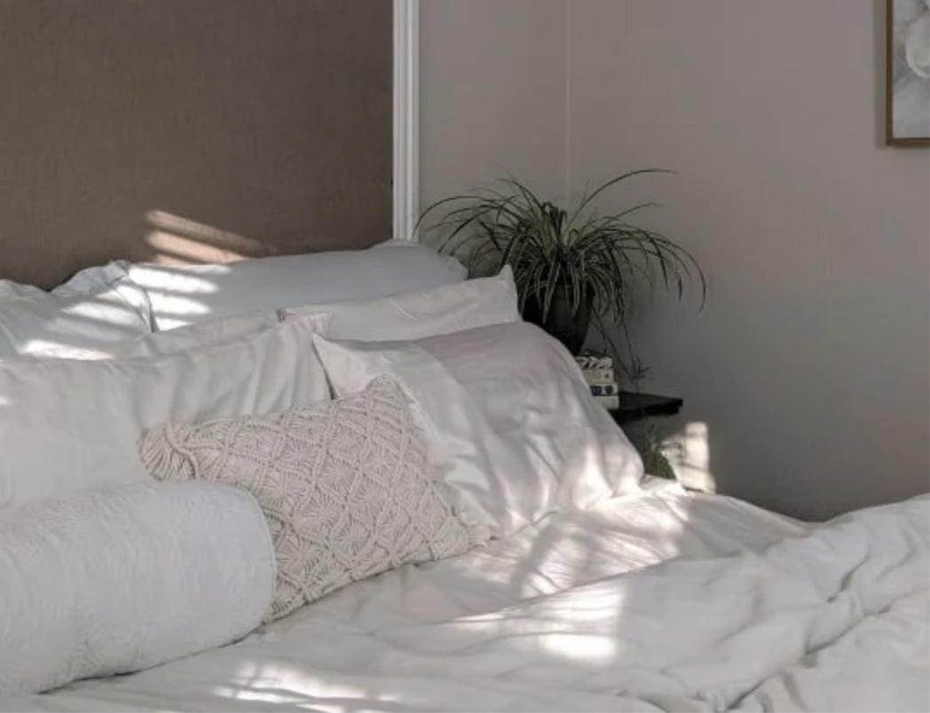 White comfy bed with a pile of white pillows. There is a green plant next to the bed and light is filtering through the curtains.