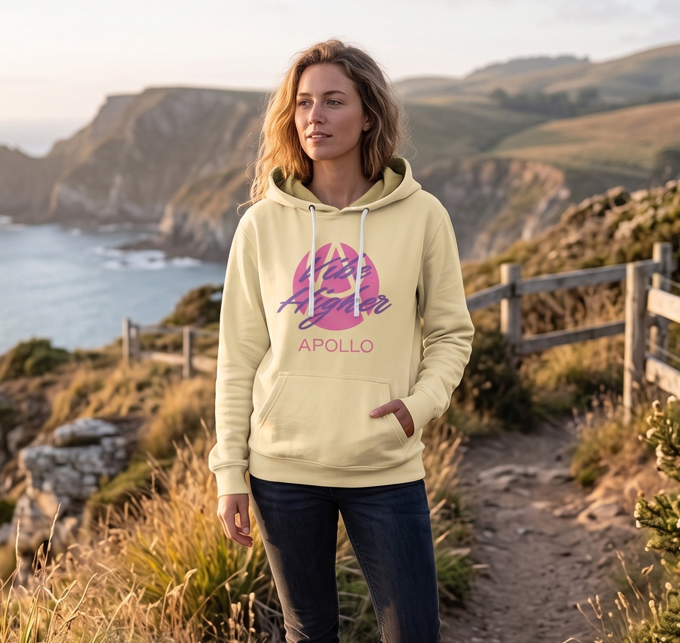 Apollo Vibe Hoodie – Retro Pink Script Lightweight Hooded Sweatshirt