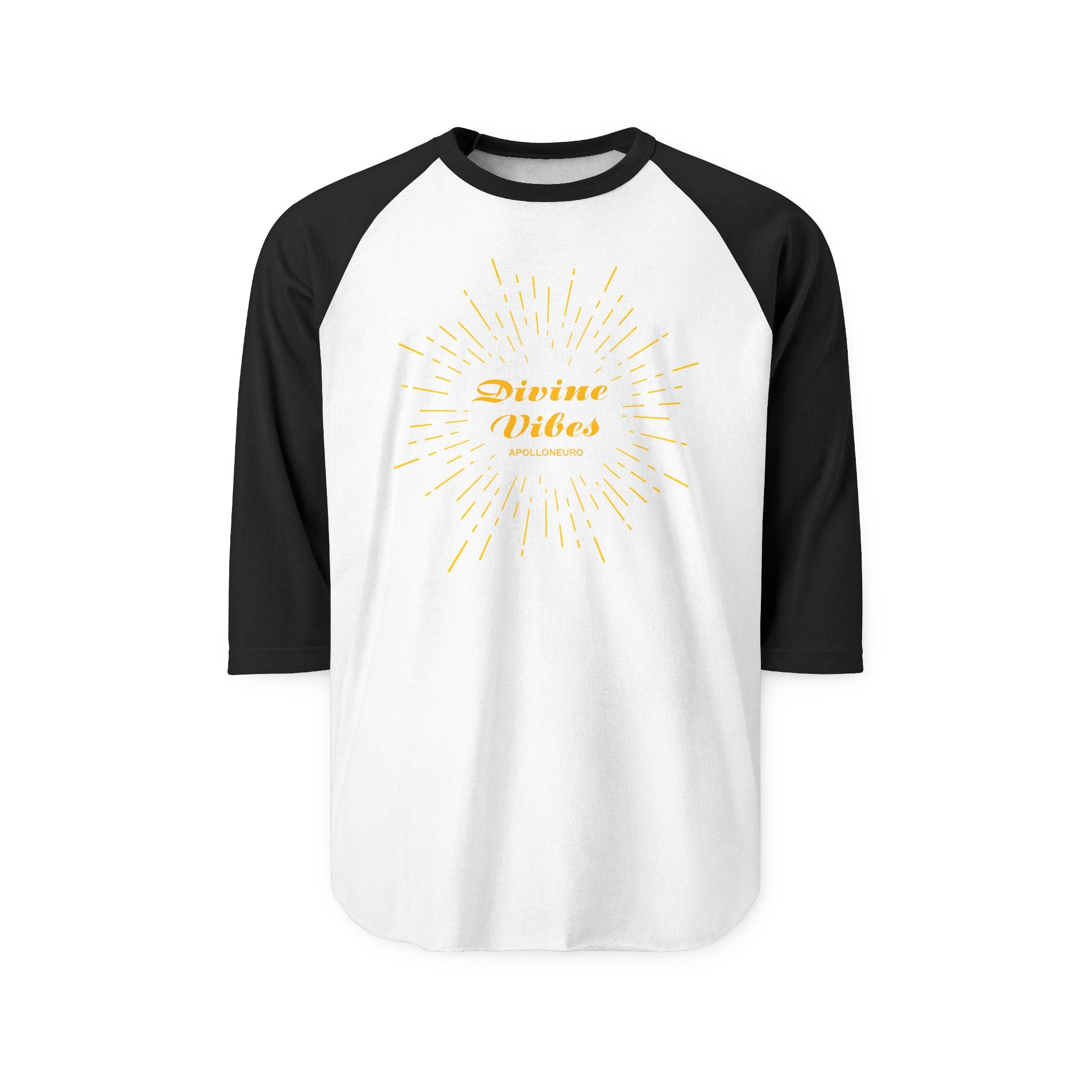 Divine Vibes Raglan Shirt — Gold Sunburst 3/4 Sleeve Baseball Tee