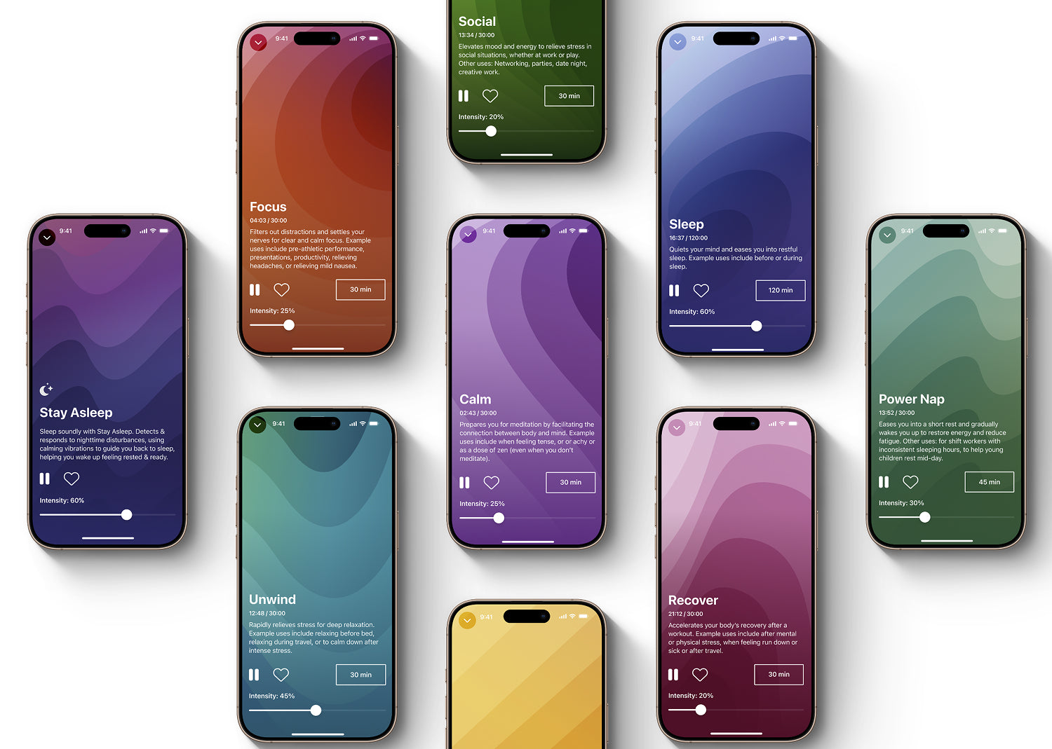 bunch of phones with smartvibes app open with benefits showing