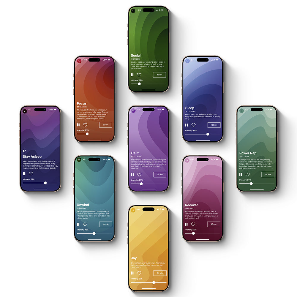 smartvibes app open on a bunch of phones displaying the benefits