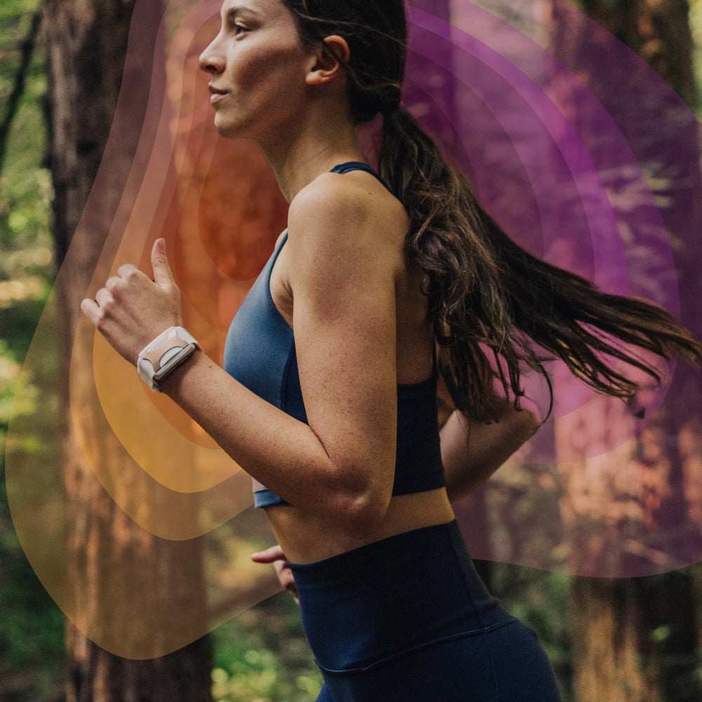 woman running with colorful shape behind her