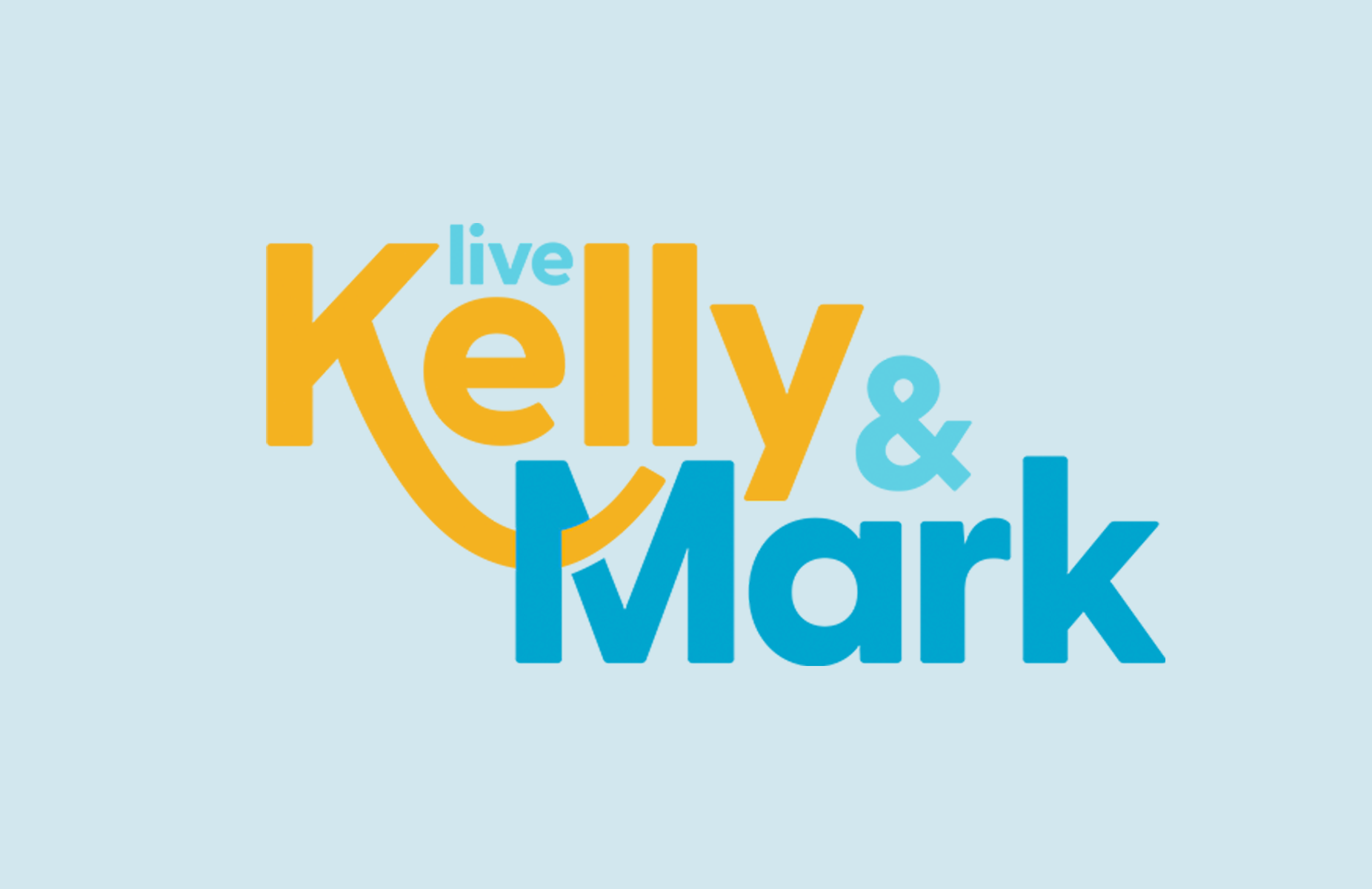 Text 'live Kelly & Mark' in yellow and blue on a light blue background