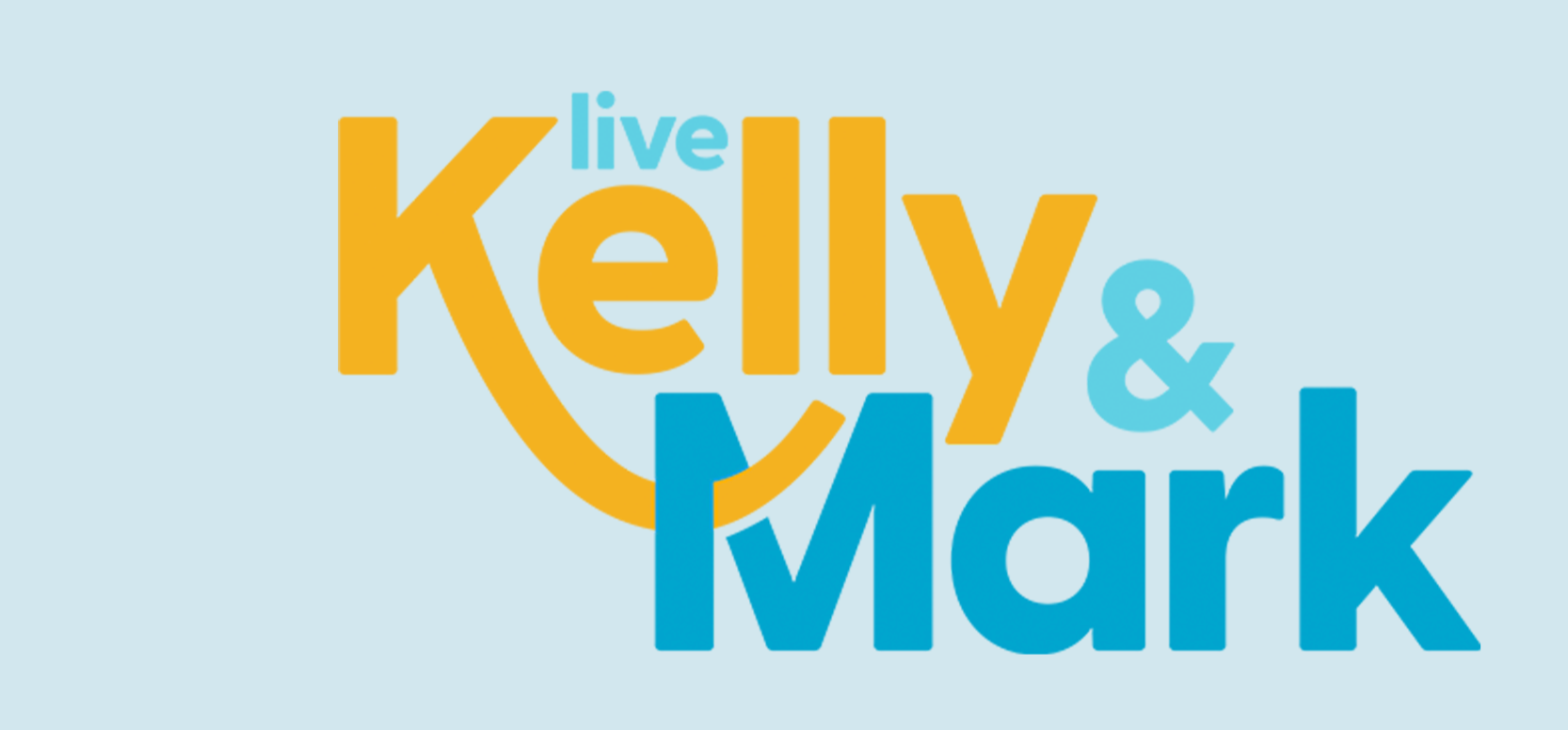 Text 'live Kelly & Mark' in yellow and blue on a light blue background