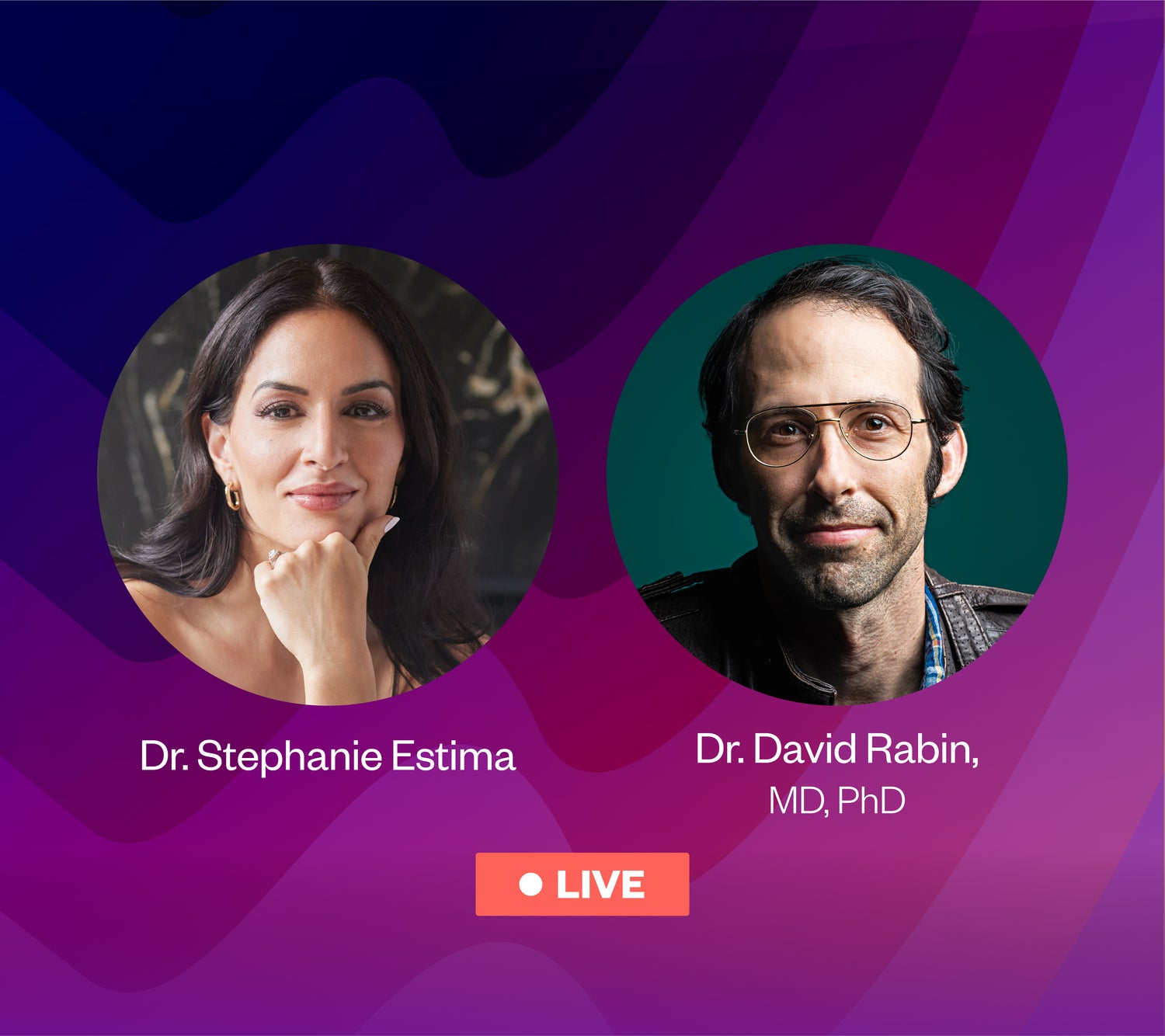 Dr Stephanie Estima and Dr David Rabin headshots in front of purple gradient