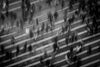 Black and white blurry image of people crossing the street