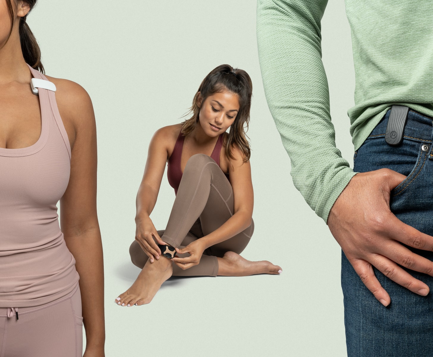 Image showing three people wearing the Apollo Clip on various parts of the body