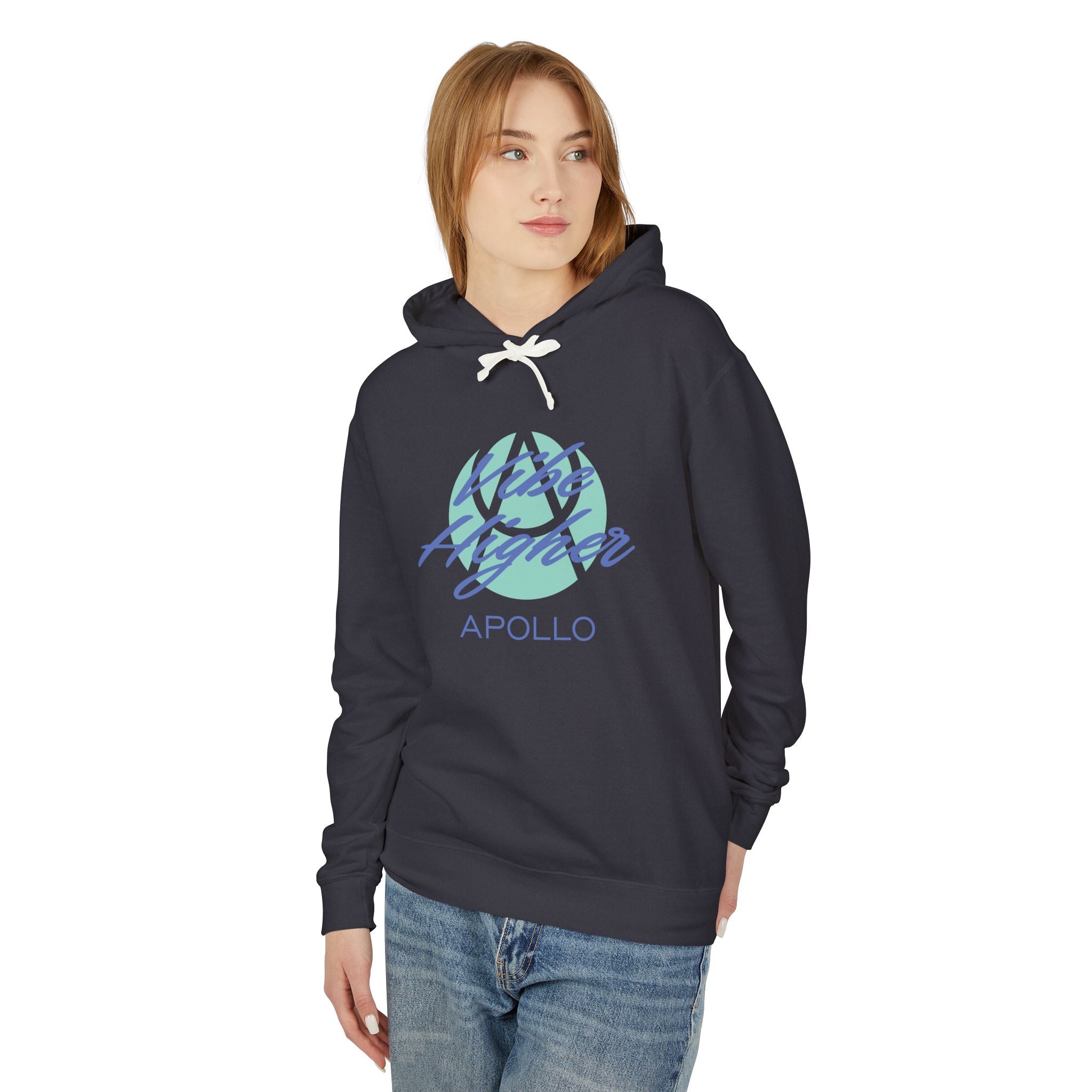 Apollo Vibe Hoodie – Retro Blue Script Lightweight Hooded Sweatshirt