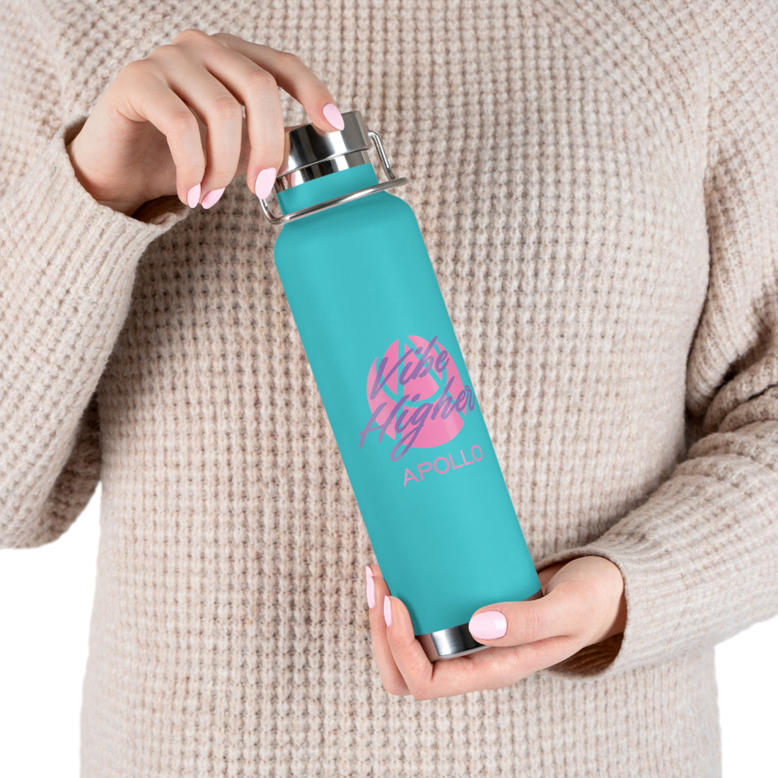 22oz Copper Vacuum Insulated Bottle — Cheerful Mint Green Mascot Design